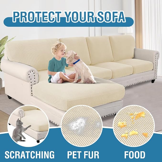 H.VERSAILTEX Sectional Couch Covers 8 Pieces Stretch Sofa Covers for Sectional Sofa Set Separate L Shaped Couch Cover for Both Left/Right Couch (Seat and Back: 1 Chaise + 3 Sofa, Natural) - Image 7
