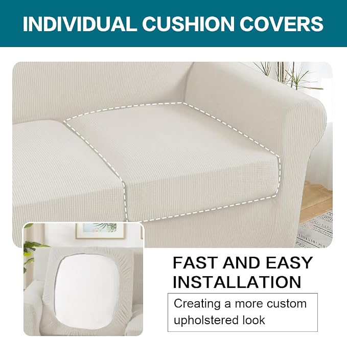 Turquoize 4 Piece Sofa Covers for 3 Cushion Couch Sofa Slipcover Soft Couch Cover for Dogs-Washable Sofa Furniture Covers with 3 Individual Large Cushion Covers (XL Sofa, Cream) - Image 5