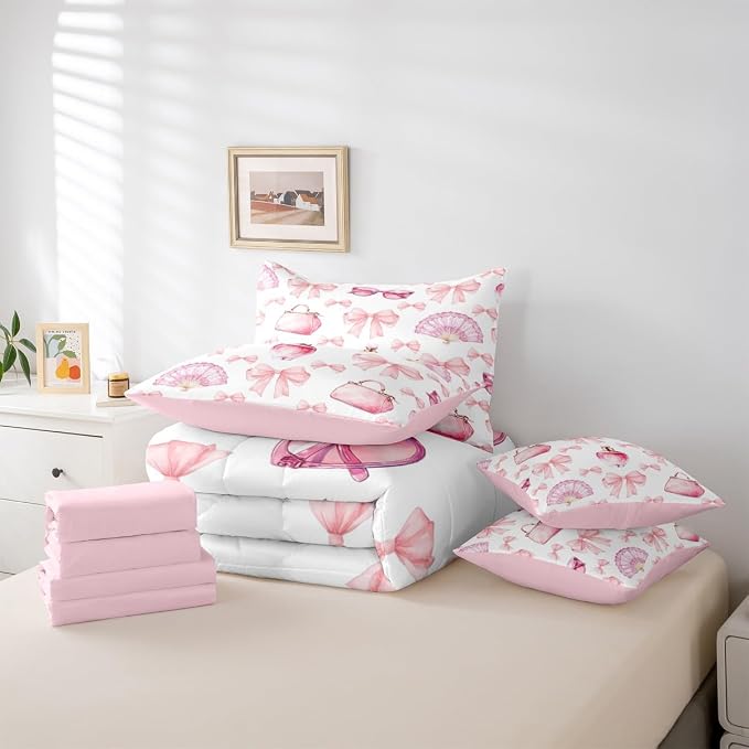 Erosebridal 7 Pcs Bowknot Girls Kids Comforter Set Full Bed in a Bag,Girly Makeup Theme Bedding Set,Dreamy Princess Style Sheet Set,Perfume Beauty Duvet Insert,Valentine Bow Quilt for Girlfriend - Image 6