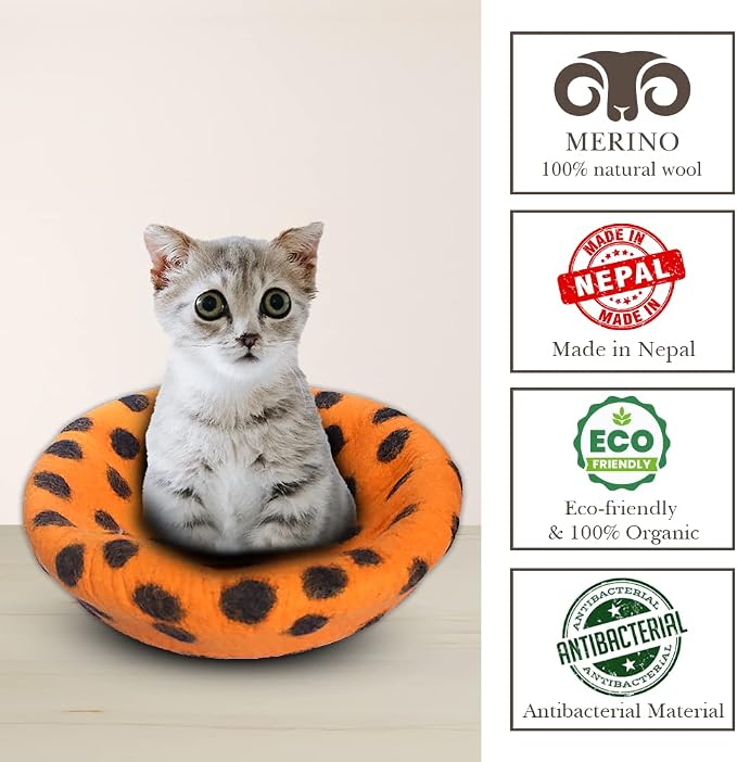Woolygon Premium Felt Cat Cave Bed – Wool Kitty Beds Handcrafted Kitten Caves Bed for Indoor Cats - Made from Merino Wool, Foldable Cat Hideaway Covered Cat House Pod (Orange Polka) - Image 4