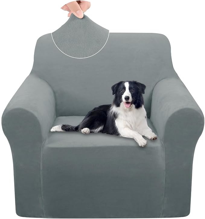 U-NICE HOME Velvet Chair Sofa Covers Stretch Couch Cover Furniture Protector Sofa Slipcover for Dogs (Chair, Light Grey) by U-NICEHOME