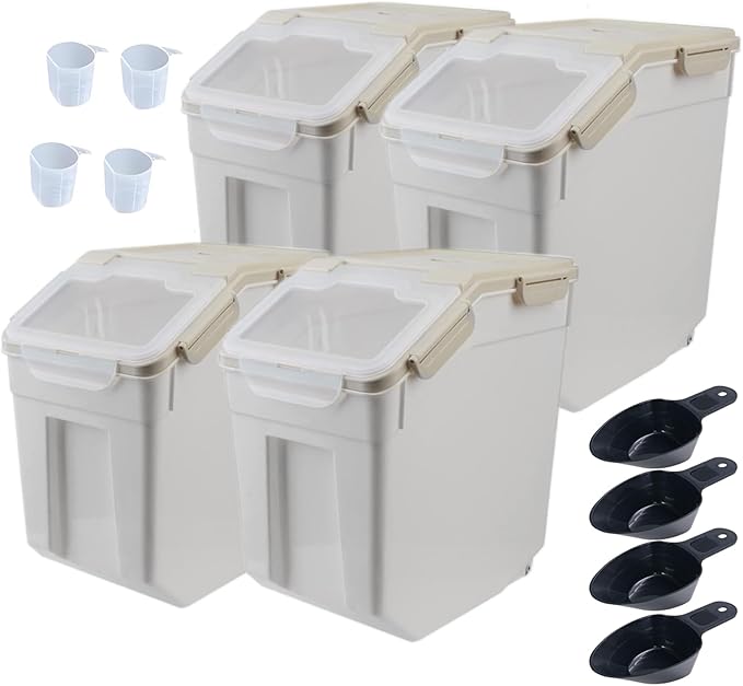 Large Flour Storage Container Bin 25lb, 4Pack Airtight Rice Storage Containers with Wheels Seal Locking Lid, BPA Free with Measuring Cup&Scoop for Flour, Rice, Grain(Gray) by Begino