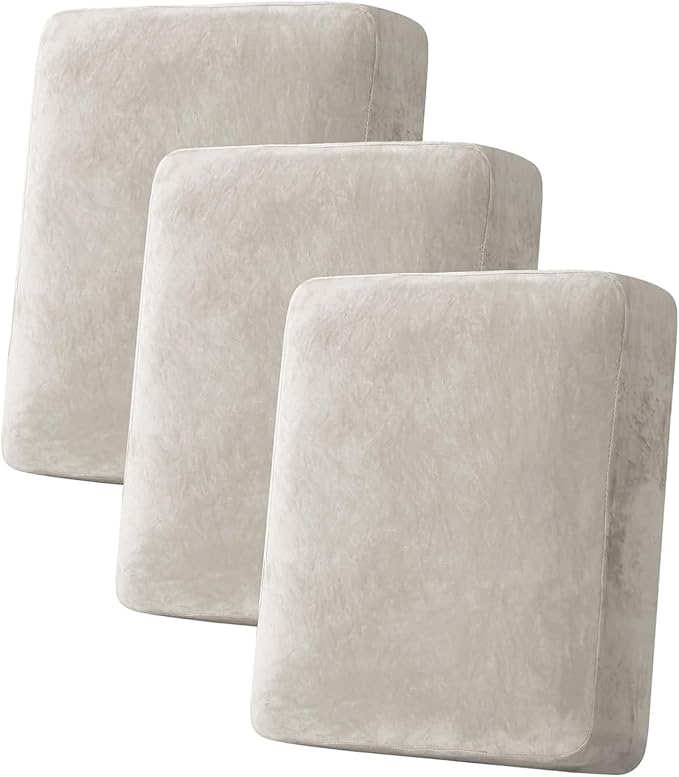 H.VERSAILTEX Velvet Stretch Couch Cushion Cover Plush Cushion Slipcover for Chair Loveseat Sofa Cushion Furniture Protector Seat Cushion Sofa Cover (3 Piece Sofa Cushion Covers, Oatmeal) by HVERSAILTEX