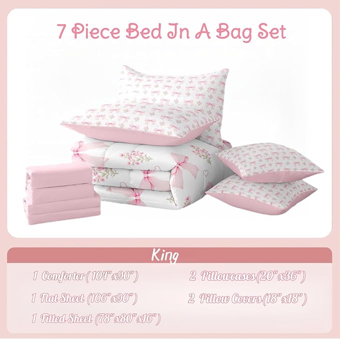 Erosebridal Bow 7 Piece Comforter Set King Bed in a Bag for Girls Kids,Girly Pink Floral Coquette Comforter,Heart Shaped Bow Ties Bedding Sets Dreamy Princess Style Bowknot Sheet Set with Comforter - Image 5