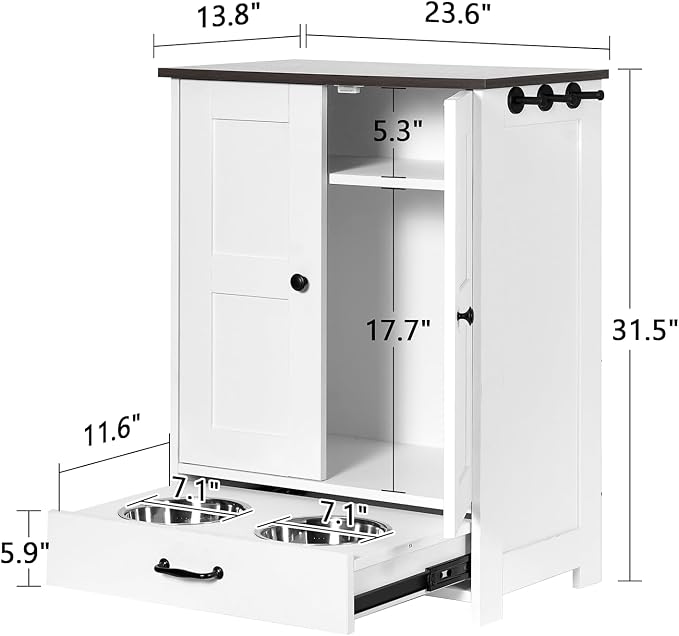 Pet Feeding Station, Dog Feeding Station, Dog Food Storage Cabinet, Pet Food Toy Organiser with 2 Elevated Bowls and Hook for Feeding and Drinking, White - Image 4