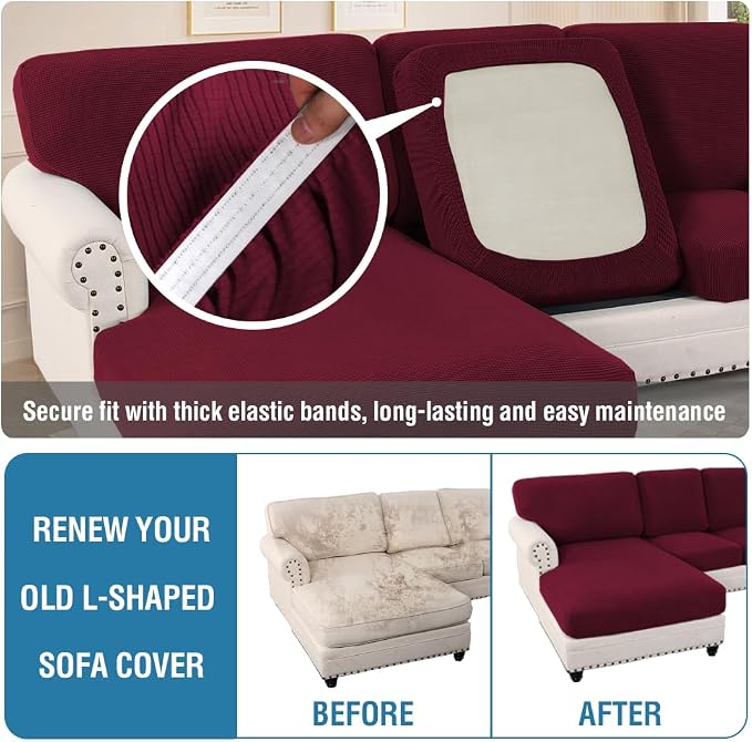 H.VERSAILTEX Sectional Couch Covers 6 Pieces Stretch Sofa Covers for Sectional Sofa Set Separate L Shaped Couch Cover for Both Left/Right Couch (Seat and Back: 1 Chaise + 2 Sofa, Burgundy) - Image 6