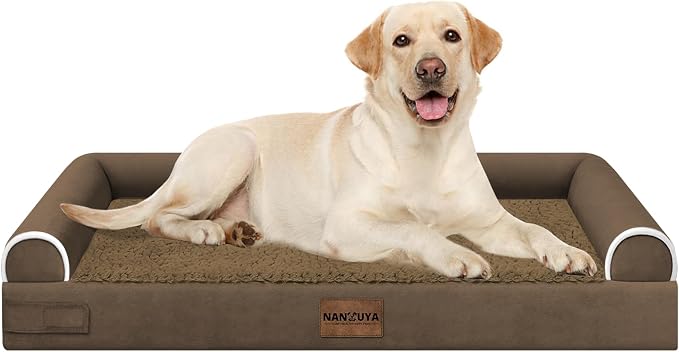 NANUYA Orthopedic Dog Bed for Large Dogs, 38 x 25 Inch, Dark Coffee | Egg crate foam for joint support, 3-sided bolster pet sofa, waterproof lining, washable cover, and non-skid base by Nanuya