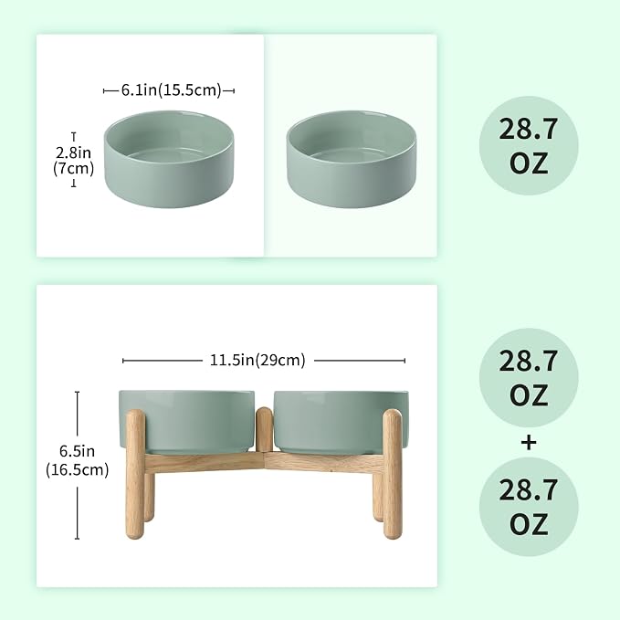 SPUNKYJUNKY Ceramics Raised Dog Bowls with Wooden Stand - Elevated Bowls for Small Medium Dogs (Double 28.7OZ, Light Green) - Image 2