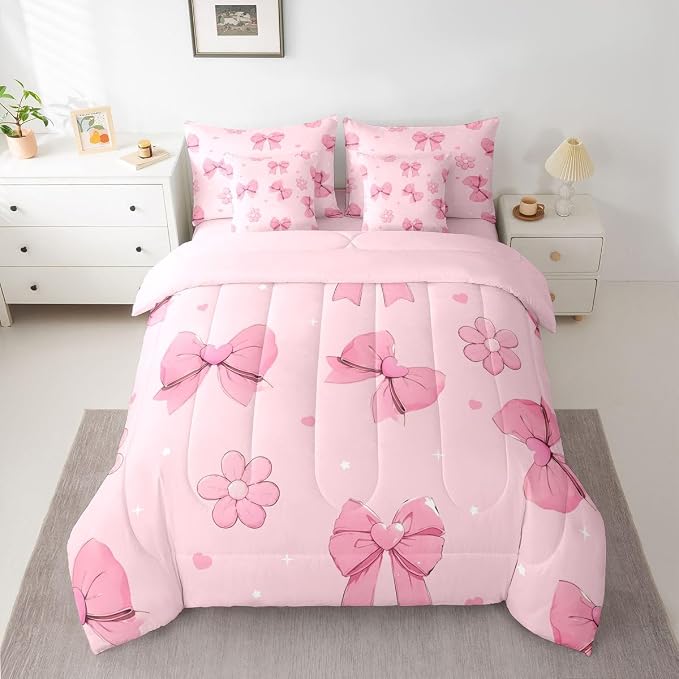 Erosebridal Pink Bows 7 Piece Comforter Set Twin Size Girly Bowknot Bedding Set for Kids Girls Bedroom Pink Bows Comforter with Sheets Microfiber Bow Ribbon Heart Pattern Quilt Set Flower Bed Set - Image 7