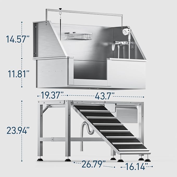 46" Heavy Duty Dog Washing Station - 304 Stainless Steel Pet Bathing Tub with Left Side Ramp, Elevated Grooming Sink with Storage Drawer & Removable Floor Grate, Outdoor Ready for Large & Medium Dogs | 304 Stainless Steel - Image 5