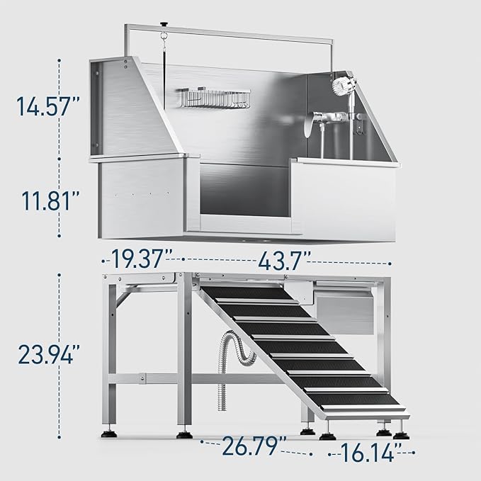 Professional Dog Washing Station, 46 Inch 304 Stainless Steel Pet Grooming Tub with Side-Mounted Faucet, Telescopic Ramp & Storage Drawer for Large & Senior Dogs, Outdoor Raised Sink (46" Left Ramp) - Image 6