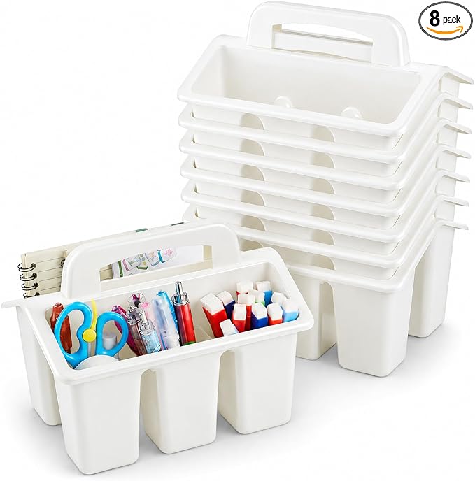 gisgfim 8 Pack Classroom Caddy Storage Basket with Handle 4 Compartment Storage Caddy Plastic Arts Crafts Caddies Protable Classroom Craft Caddies for Kids Schools Art Craft Supplies(White) by gisgfim