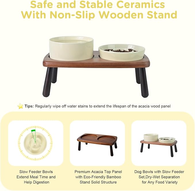 SPUNKYJUNKY Ceramic Elevated Dog Bowls with Slow Feeder Raised with Acacia Bamboo Wooden Stand, 6.1'' Dog and Cat Food Water Bowls Set Non-Slip for Small Medium Sized Breed - Beige - Image 5