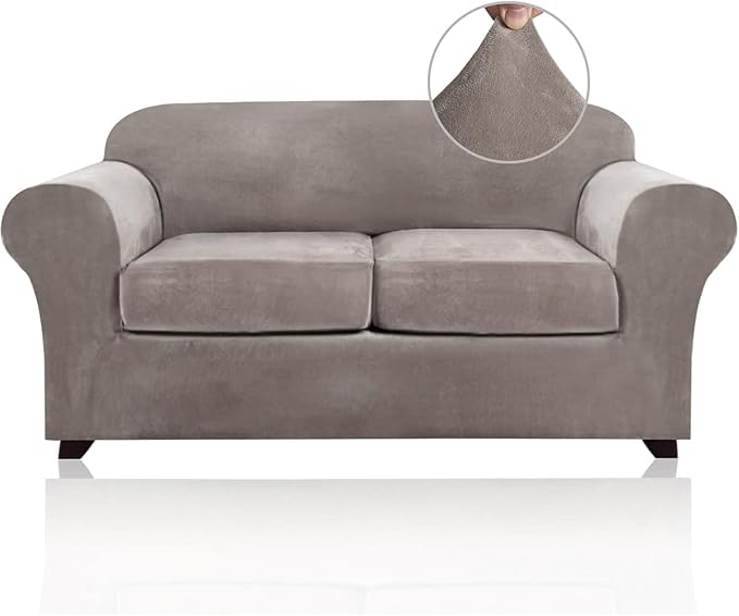 PrinceDeco Velvet Couch Cover Loveseat Covers for 2 Cushion Couch 3 Piece Sofa Covers for Dogs Washable Loveseat Covers Width Up to 72 Inch No Slip Stretch Sofa Slipcover(Medium, Taupe) by PrinceDeco