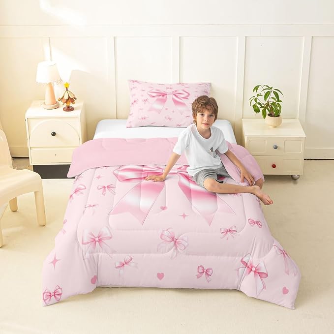 Manfei Pink Bowknot Comforter Set for Kids,Preppy Trendy Kawaii Princess Bedding Set Teens Boys Room Decor,Cute Ribbon Bow Tie Comforter with 1 Pillowcase for All Seasons,Twin - Image 6