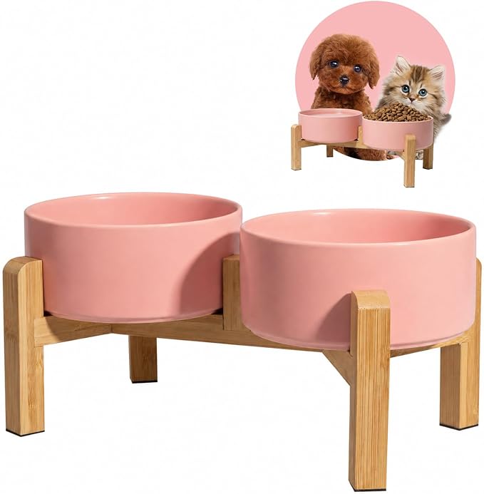 Elevated Ceramic Dog Bowl, 2 Cups Dog Food and Water Bowl Set with Stand | 5.1'' Double Dog Feeding Dishes, Non-Slip Raised Dog Feeder for Cats and Puppies, 16.23 OZ / 480 ML, White by PTOBER