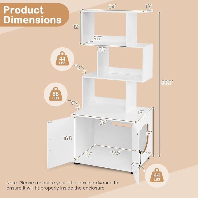 PETSITE Cat Litter Box Furniture with 3 Shelves and Doors, 56 inch Tall Cat Box Enclosure with Display Shelves and Side Entry, Indoor Hidden Litter Box with Decorative Storage Shelving (White) - Image 3