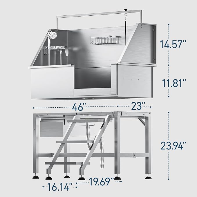 Professional Dog Washing Station, 46 Inch 304 Stainless Steel Pet Grooming Tub with Side-Mounted Faucet, Telescopic Ramp & Storage Drawer for Large & Senior Dogs, Outdoor Raised Sink (46" Right Step) - Image 6
