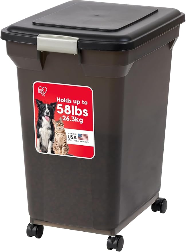 IRIS USA Dog Food Storage Container 58 Lb, Airtight Large Pet Food Storage Bin with Wheels, for Dog Cat Bird Chicken Food, Holds Up to 58 lbs, Keep Fresh, BPA Free, Made in USA, Black by IRISUSA