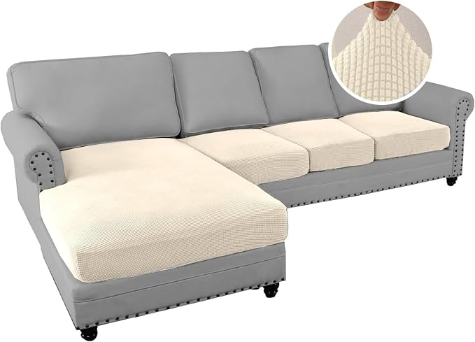 H.VERSAILTEX Sectional Couch Covers 4 Pieces Sofa Seat Cushion Covers L Shape Separate Cushion Couch Chaise Cover for Both Left/Right Sectional Couch (Seat Only: 1 Chaise + 3 Sofa, Cream) - Image 2