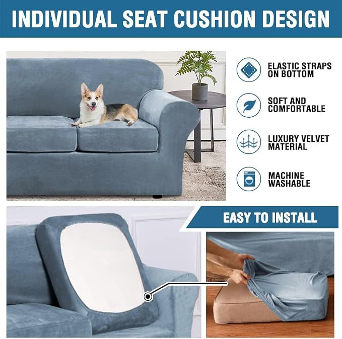 H.VERSAILTEX High Stretch Sofa Slipcover 4 Piece Cover Velvet Furniture Protector Form Fit Thick Velvet Extra Large Sofa Cover for 3 Cushion Couch Width Up to 97 Inch (Large Sofa, Stone Blue) - Image 6