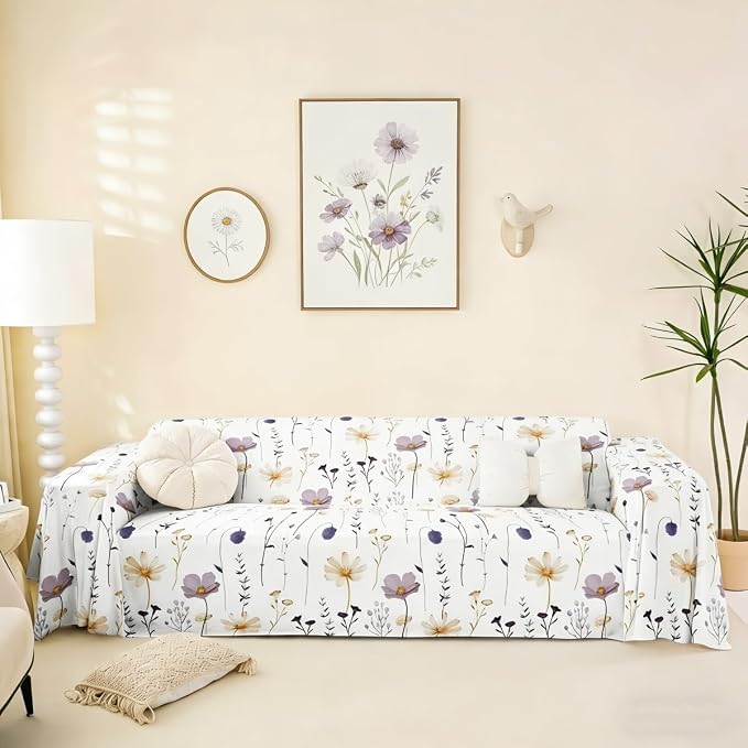 Erosebridal Watercolor Floral Couch Cover Plum Beige Flower Sofa Cover Modern Minimalist White Couch Protector for Cushion Couch Sofas Rustic Farmhouse Washable Non Slip Sofa Slipcover, 71" X 134" by Erosebridal