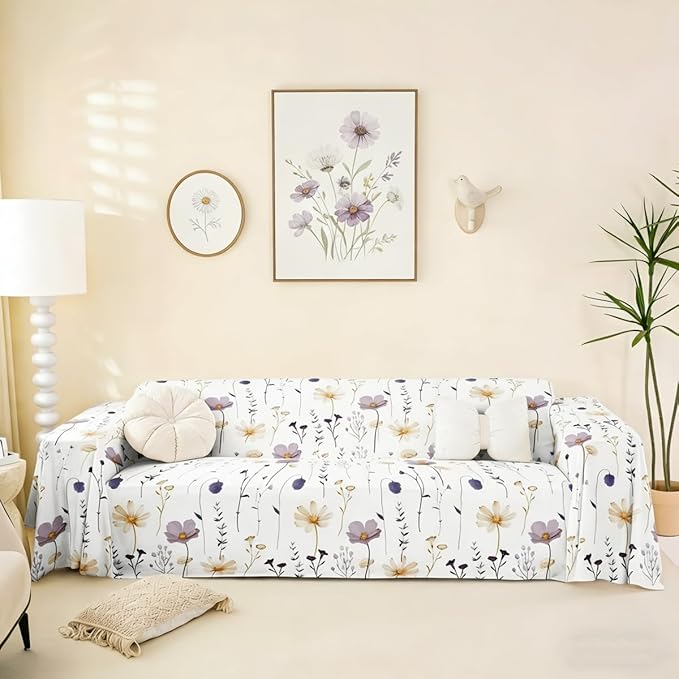 Erosebridal Watercolor Floral Couch Cover Plum Beige Flower Sofa Cover Modern Minimalist White Couch Protector for Cushion Couch Sofas Rustic Farmhouse Washable Non Slip Sofa Slipcover, 91" X 134" by Erosebridal