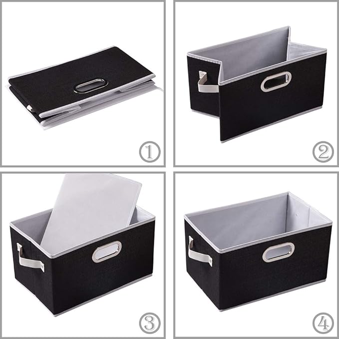 PRANDOM Fodable Storage Bins for Closet [3-pack] Decorative Fabric Storage Baskets Cubes with Leather/Metal Handles for Shelves Bedroom Living Room Black (11.5x8.5x6.7 Inch) - Image 5