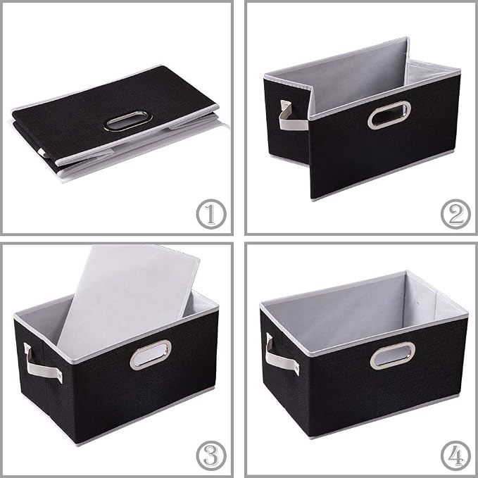 PRANDOM Fodable Storage Baskets for Closet [5-pack] Decorative Fabric Storage Bins Cubes with Leather/Metal Handles for Shelves Bedroom Living Room Black (11.5x8.5x6.7 Inch) - Image 4