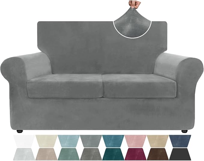 ZNSAYOTX Luxury Velvet Sofa Cover 3 Piece (57"-70") Stretch Loveseat Covers for 2 Cushion Couch Thick Soft Couch Slipcover with Non Slip Strap, Dog Pet Friendly Nice Furniture Protector (Grey) by ZNSAYOTX