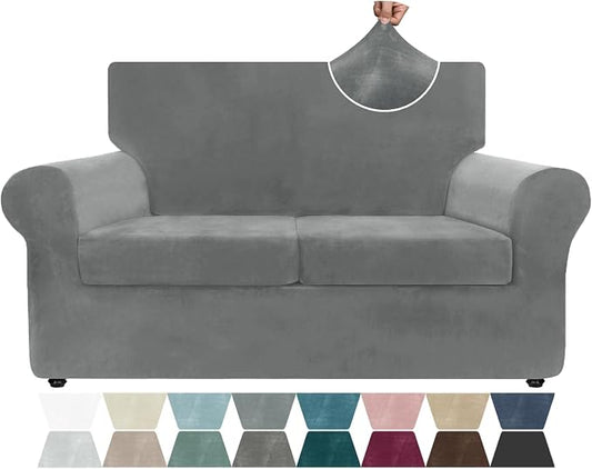 ZNSAYOTX Luxury Velvet Sofa Cover 3 Piece (57"-70") Stretch Loveseat Covers for 2 Cushion Couch Thick Soft Couch Slipcover with Non Slip Strap, Dog Pet Friendly Nice Furniture Protector (Grey) by ZNSAYOTX