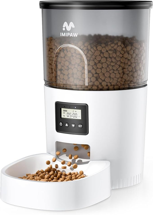 IMIPAW Automatic Cat Feeders, Timed Cat Dry Food Dispenser with Desiccant Bag, Dual Power Supply, Programmable Portion Size, 6 Meals, 20 Portions Per Day, Auto Pet Feeder for Cats and Small Dog, White by IMIPAW
