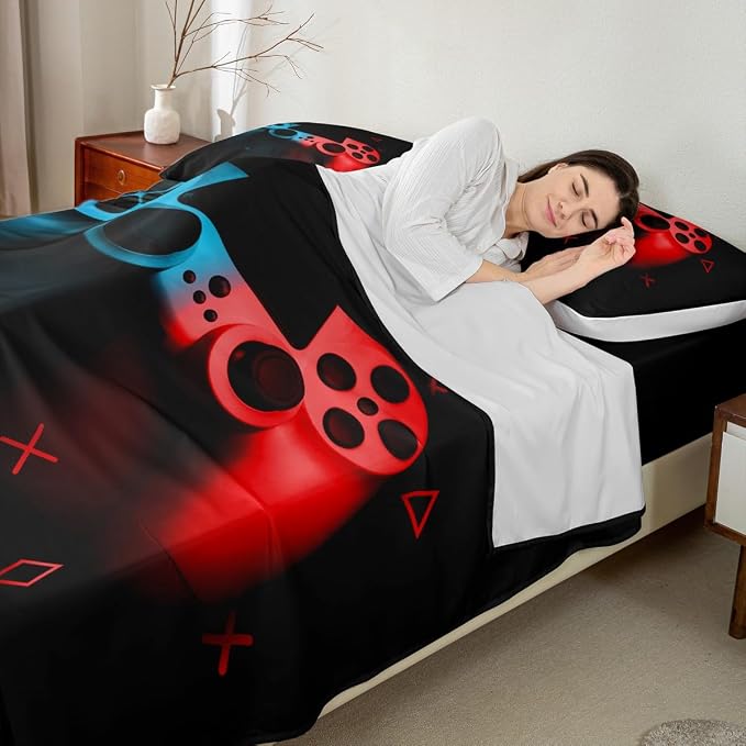 Gaming Bedding Sets for Boys Gamer Sheet Set Queen,Blue Red Gamepad Bed Sheet Sets Kid Men Video Games Fitted Sheet for Teen Child Game Room Decor Black Classic Retro Gaming Flat Sheet with Pillowcase - Image 2