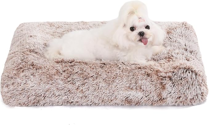 Bedfolks Waterproof Crate Bed, Plush Dog & Cat Bed with Removable Washable Cover, Faux Fur Kennel Pad, 21"x13", Brown by Bedfolks