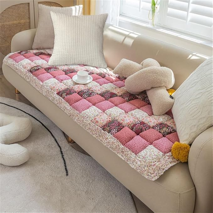 Garden Chic Cotton Protective Couch Cover,Fuzzy Couch Cover Plaid Square Pet Mat, Machine Washable & Non-Slip Pet Mat Bed Couch Cover,Sofa Cover for Most Cats Dogs,Pets (Pink, 23.6*70.9inch) - Image 2