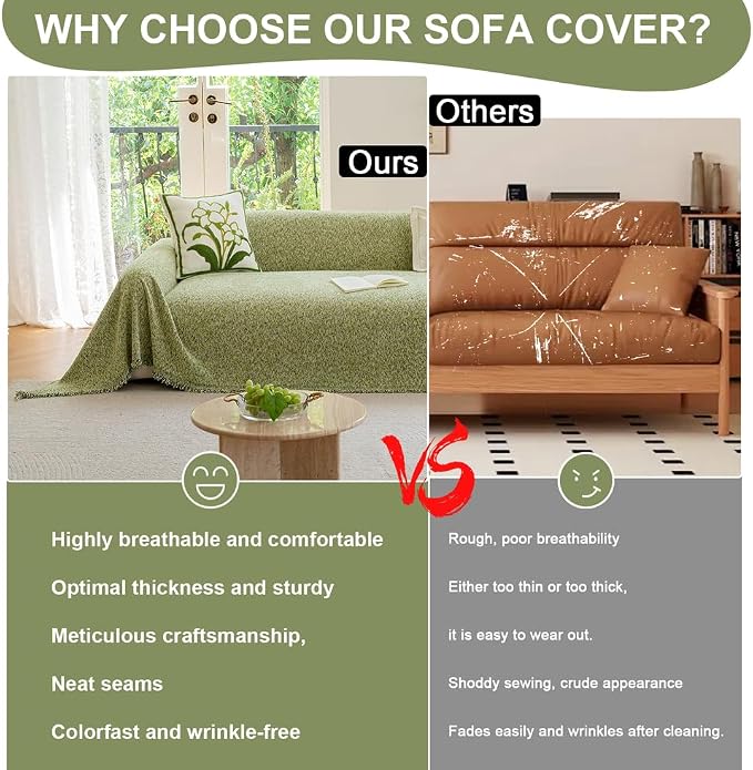 ROOMLIFE Green Sofa Cover, Vintage Boho Couch Cover for 3 Cushion Sofa, Soft Chenille Sofa Cover for Dog, Washable Furniture Sofa Protector Cover Blanket with Tassel for Living Room, 71 '' X 118'' - Image 3