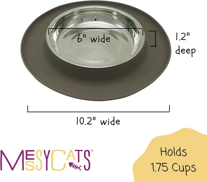 Messy Cats Single Silicone Feeder, Stainless Bowl, 1.75 Cup, Grey | Non-Slip Silicone Cat Feeding Station With Removable Stainless Steel Saucer Bowl For Food Or Water - Image 3