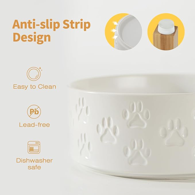 Elevated Ceramic Dog Bowl Set, Anti-Skid Bamboo Stand, White, 8.3 inch | Food and Water Bowls with Fixed Non-Slip Rubber Ring, Microwave Safe, Easy to Clean, 7.5 Cup per Bowl, for Large Breed Dogs - Image 4