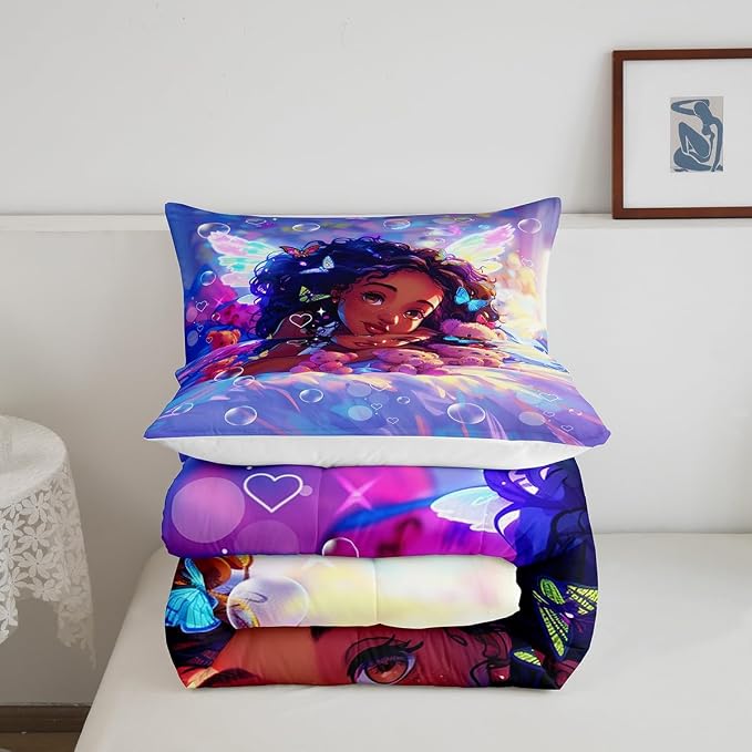 Manfei Cute American Style Girl Bed Comforter Set Queen Size,Fantasy Starry Fairy Wings Bubbles Super Soft Bedding Set for Kids,Dreamy Princess Black Lovely Kid Decorative Comforter Set,3 Pcs - Image 5
