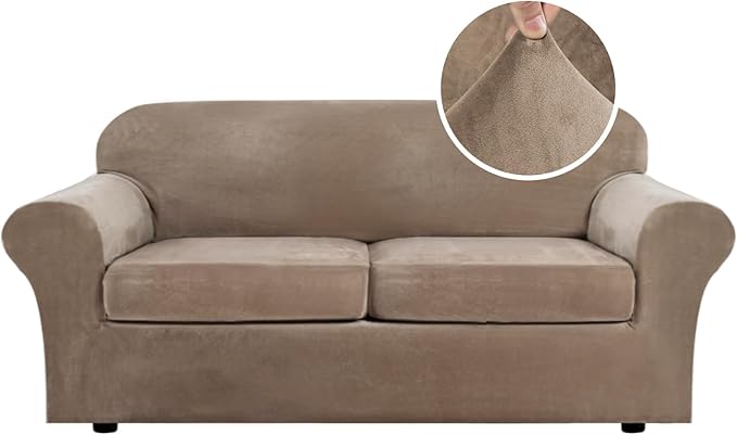 H.VERSAILTEX Real Velvet Plush 3 Piece Stretch Sofa Covers Couch Covers for 2 Cushion Couch Sofa Slipcovers Width Up to 90 Inch Feature Thick Soft Stay in Place (Large Sofa, Camel) by HVERSAILTEX