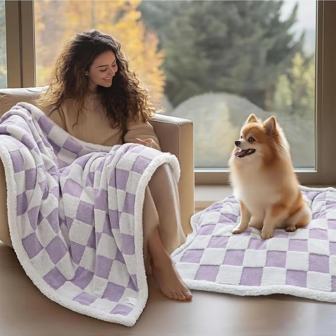 Waterproof Pet Blanket,Dog Bed Covers Couch Sofa Stylish Jacquard Pets Throw Blankets for Puppy Cats Washable Reversible Furniture Protection Covers (Purple Check,L) - Image 6