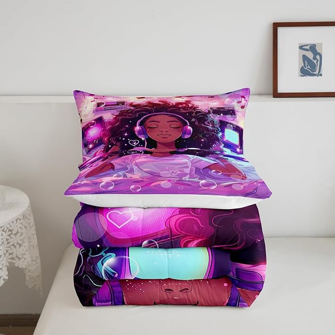 Manfei Musical Girl Girls Girls Comforter Set,African Style American Cool Girl Starry Bubble Duvet Set for Room Decor,Hippie Music Headset Radio Purple Brushed Microfiber Soft Quilt Cover,Full Size - Image 5