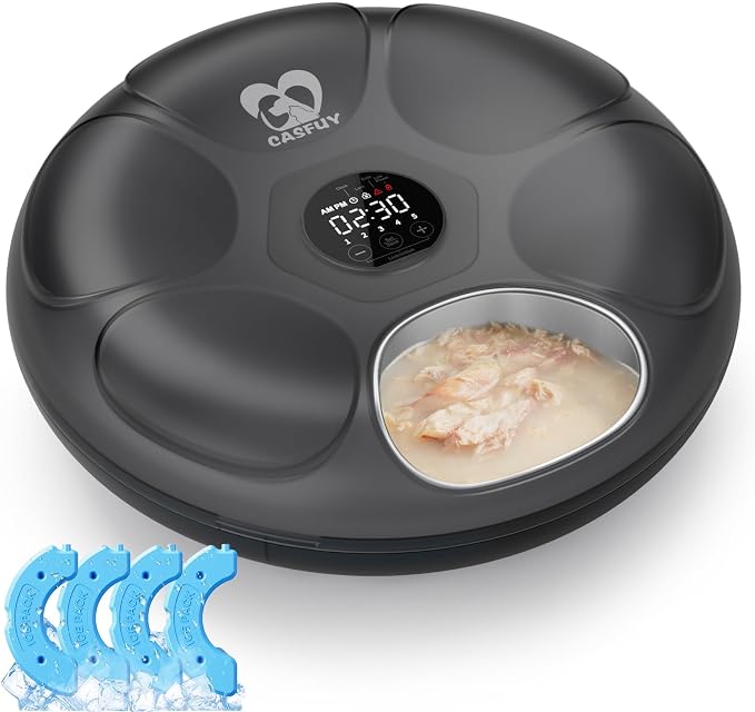 Casfuy Automatic Cat Feeder Cordless - Automatic Cat Food Dispenser with Stainless Steel Tray for Wet Food Rechargeable Auto Feeder for Cats Small Dogs with Programmable Timer Low Battery Indicator by casfuy