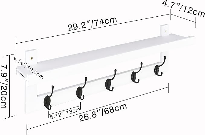 SMIBUY Coat Hooks with Shelf Wall-Mounted, 29.2 Inch Entryway Coat Rack for Wall, Bamboo Hanging Shelf with 5 Double Metal Hooks for Bathroom, Bedroom, Kitchen, Living Room (White + Black) - Image 5