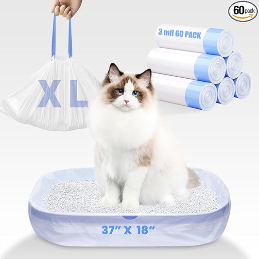 60 Pack Jumbo Cat Litter Bags - 3MIL Extra Thick Leakproof Litter Box Liners, 37"x18" Heavy Duty Drawstring Cat Litter Liners for Automatic Litter Box, Odor Control Disposable Kitty Litter Bags 6 Roll by Fronip