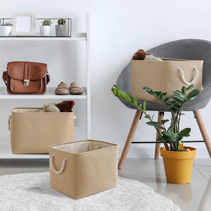 TheWarmHome Organization and Storage Basket for Organizing - 3 Pack 16x12x12 inch Cube Fabric Storage Cubes, Storage Bin for Shelves Gift Closet Organizer Cloth Toy (Beige) - Image 2