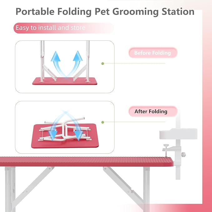 Professional Dog Pet Grooming Table Adjustable Heavy Duty Portable w/Arm & Noose & Mesh Tray (Pink, 46") - Image 4