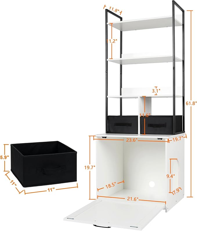Dwanton Litter Box Enclosure with 3 Storage Shelves and 2 Drawers, 2-in-1 Hidden Cat Litter Box Enclosure Furniture with Shelf, Reversible Entrance, Washable Drawers, 61.8-Inch, White - Image 3