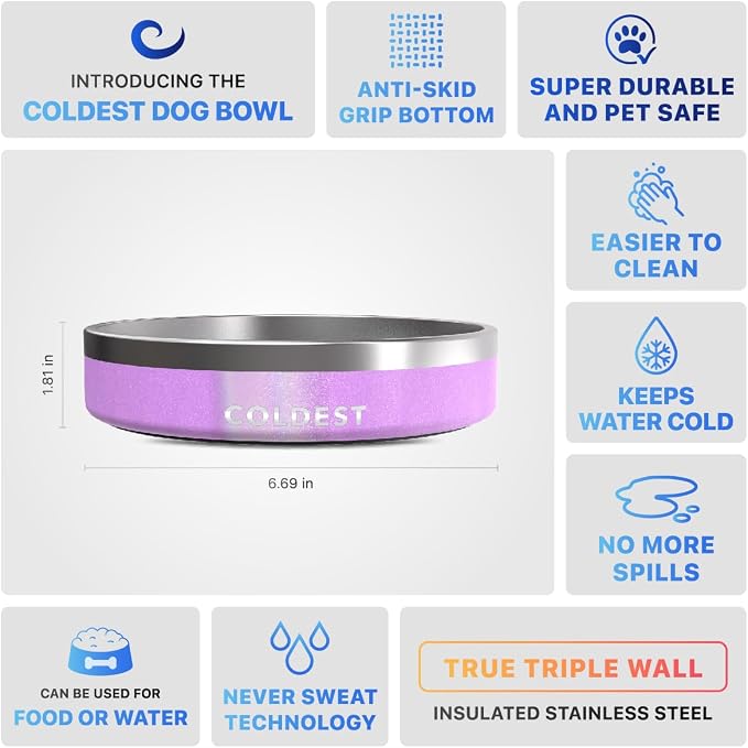 Coldest Dog Bowl - Anti Rust Metal, Non Slip, 3 Layers Insulated Stainless Steel Dog Bowls - Spill Proof & Heavy Duty - Water Bowl for Dogs, Cats, Dish Washer Safe (21 oz,Saturn's Moon Purple Glitter) - Image 5