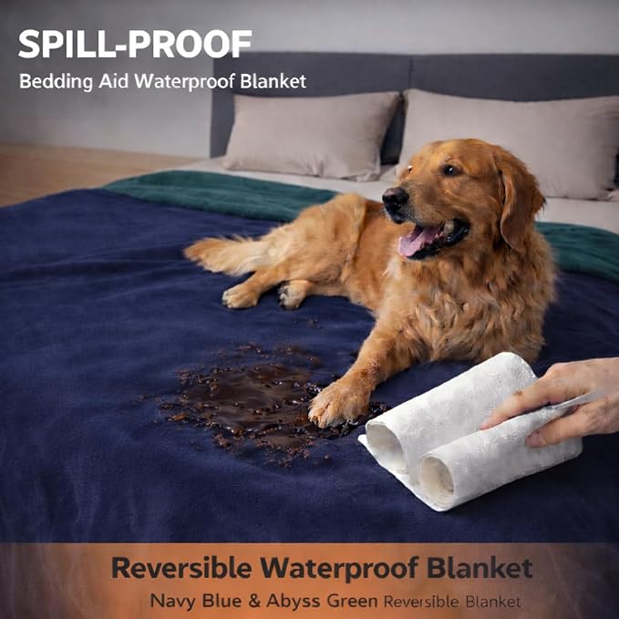 Waterproof Blanket for Bed, Couch, Kids & Pets Protection – Splash-Proof, Spill-Proof, Leakproof Flannel Blanket Reversible Design (Navy Blue & Abyss Green, 60x80) - Image 3